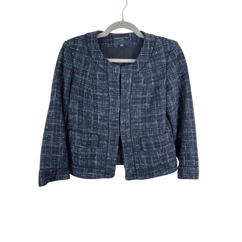 Banana Republic Petite Tweed Blazer Jacket Navy Blue Wool Blend Plaid Size 4P